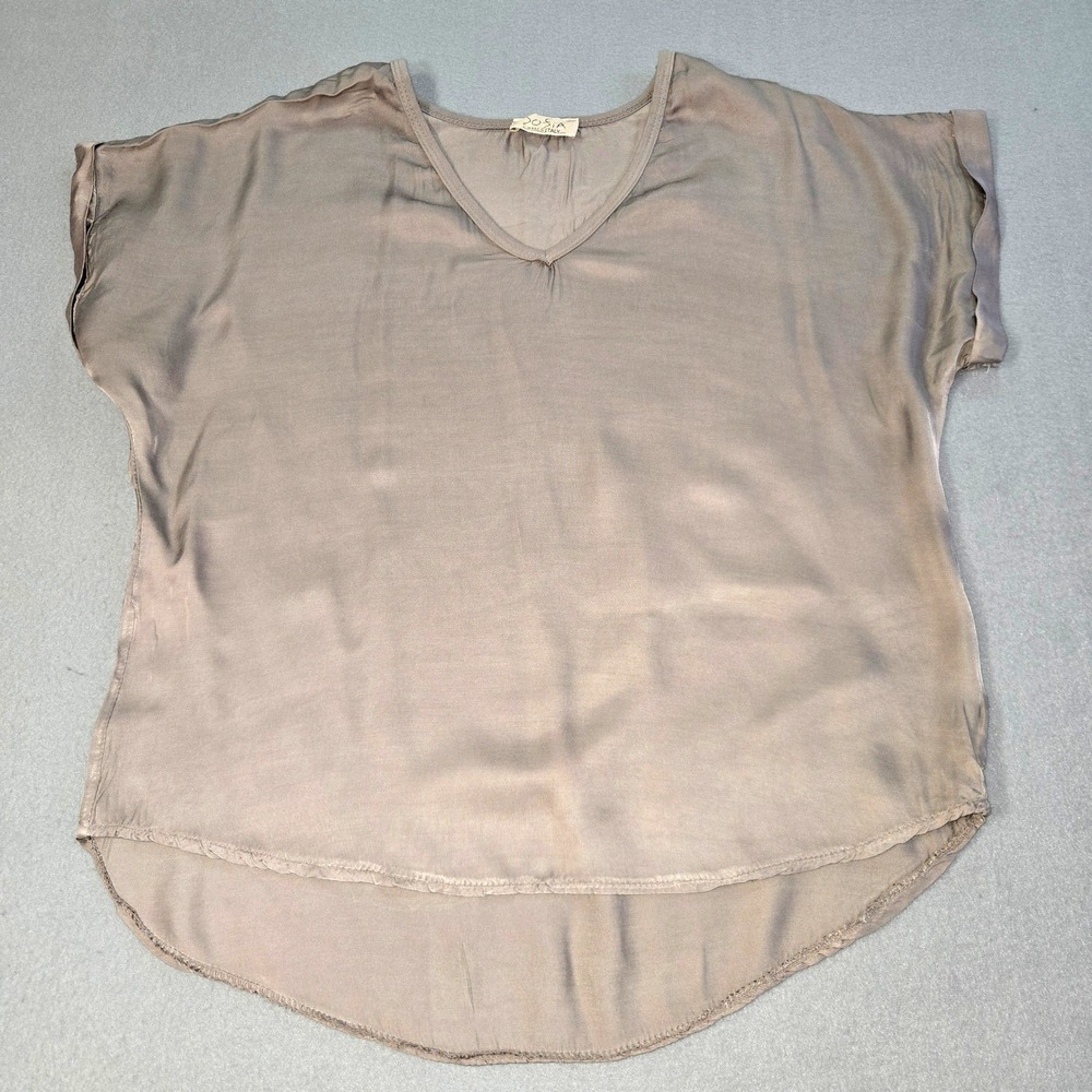 Sofia V-Neck Blouse Womens One Size Taupe Grey Made in Italy Rayon Viscose Satin